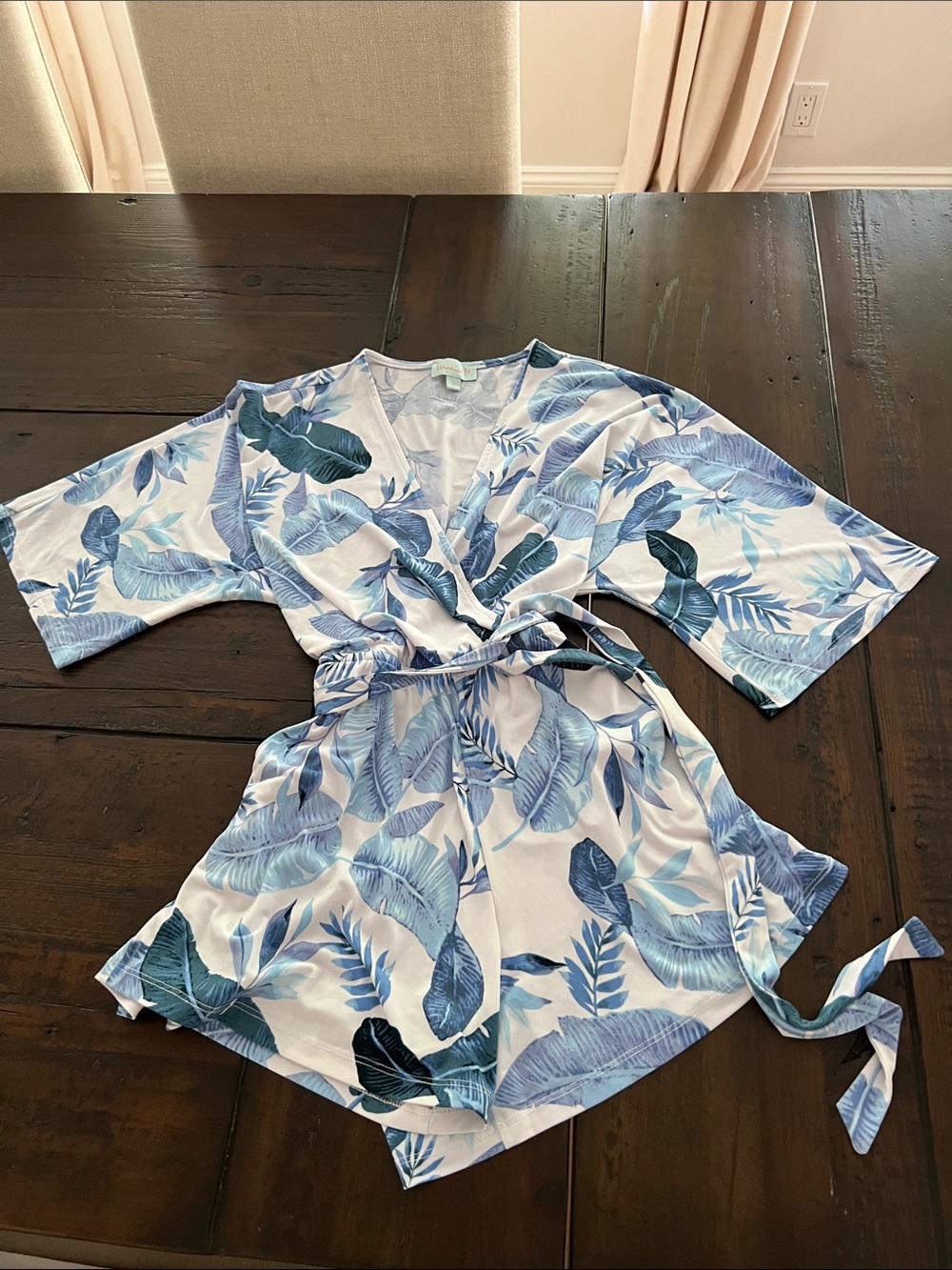 Veronica M Blue and White Leaf-Print Romper